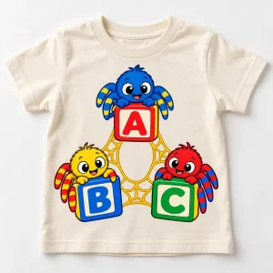 Front flat lay of natural Spider ABC educational spider toddler shirt