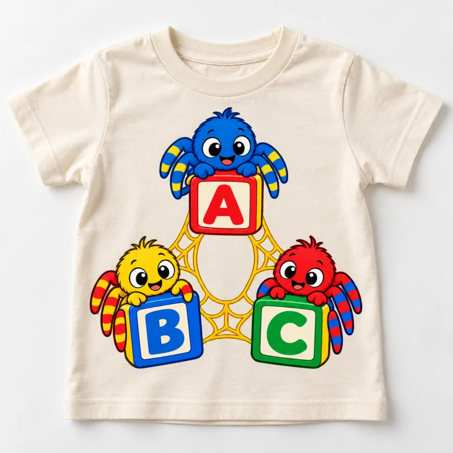 Front flat lay of natural Spider ABC educational spider toddler shirt