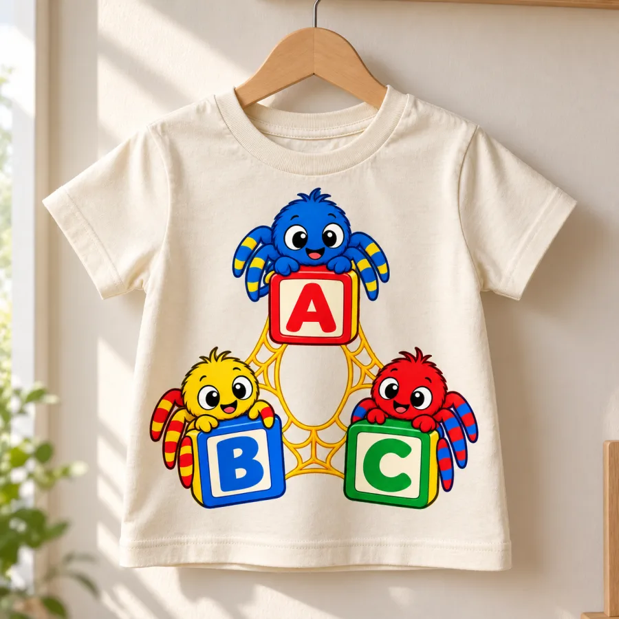 Natural Spider ABC toddler tee on a small white hanger