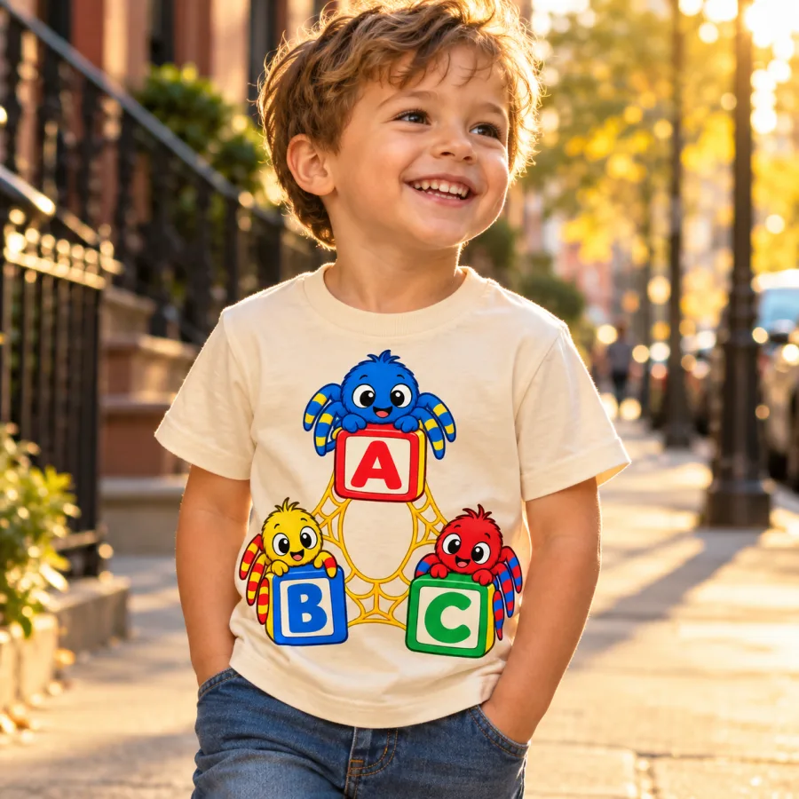 Toddler in Spider ABC shirt stacking wooden blocks in a bright playroom