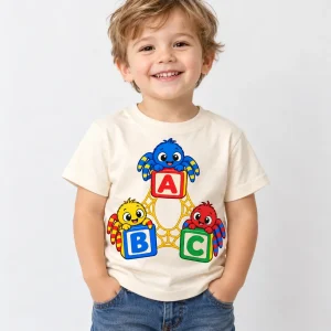 Toddler wearing natural Spider ABC tee with alphabet block spiders