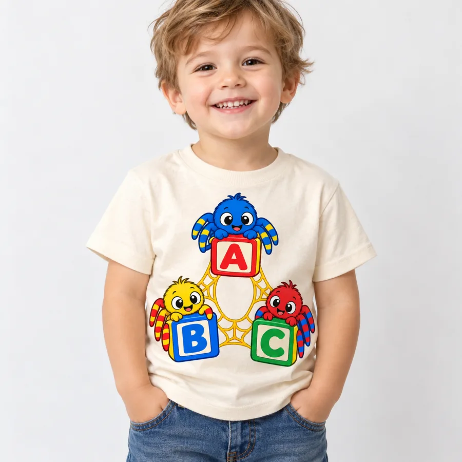 Toddler wearing natural Spider ABC tee with alphabet block spiders