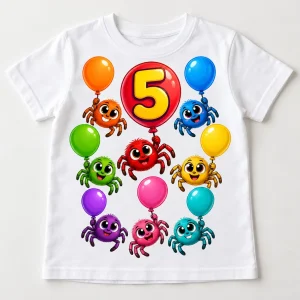 Front flat lay of White Kids Spider Balloon Parade spider balloon birthday shirt with eight cartoon spiders, colorful balloons and number 5