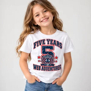Child model wearing White Kids Spider Balloon Parade spider balloon birthday shirt with colorful spiders, balloons and number 5