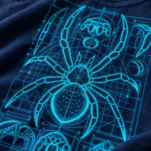 Close-up of cyan grid lines, arrows and engineering notes on the back blueprint