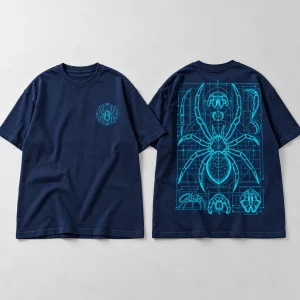 Front flat lay of navy Spider Blueprint 02 oversized tee with small cyan chest diagram