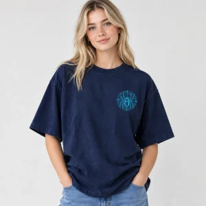 Model wearing navy Spider Blueprint 02 streetwear tee in a relaxed oversized fit