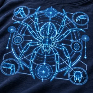 Close-up of Spider Blueprint print showing cyan linework and cotton fabric texture