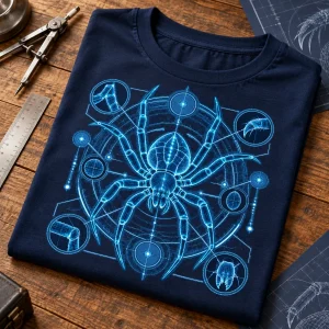Folded navy Spider Blueprint shirt displaying the cyan spider diagram on top