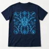 Front flat lay of navy Spider Blueprint shirt with cyan technical spider diagram