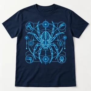 Front flat lay of navy Spider Blueprint shirt with cyan technical spider diagram