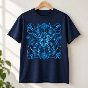 Navy Spider Blueprint shirt on wooden hanger showing cyan technical artwork
