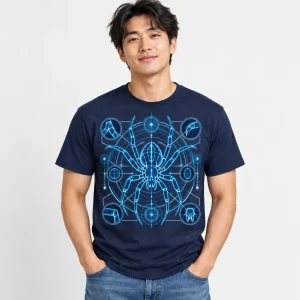Model wearing navy Spider Blueprint shirt with large cyan schematic spider print
