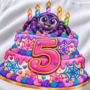 Close-up of Spider Cake 5 print showing cotton texture, purple spider, colorful frosting webs, five candles and glossy pink number 5