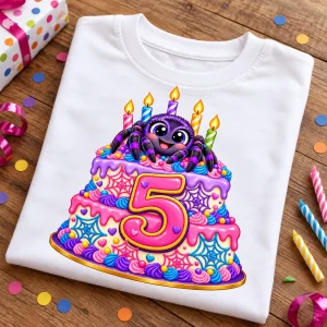 Folded white Spider Cake 5 spider birthday cake shirt on a wooden table with birthday props and colorful front graphic visible