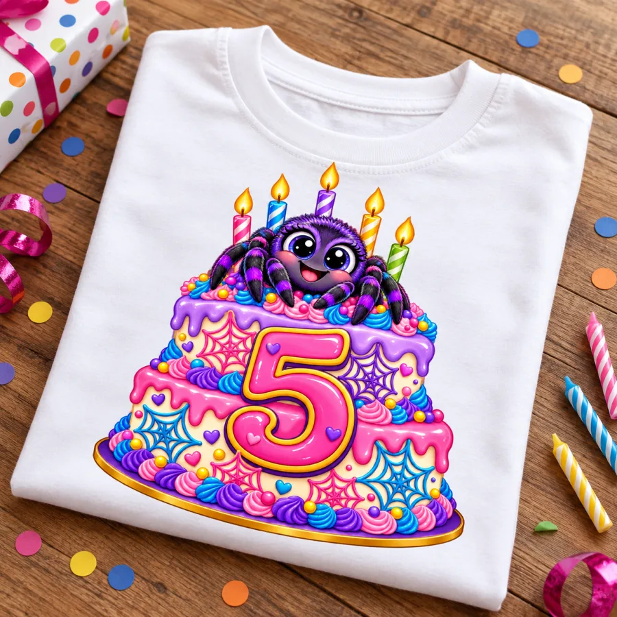 Folded white Spider Cake 5 spider birthday cake shirt on a wooden table with birthday props and colorful front graphic visible