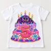 Front flat lay of white kids Spider Cake 5 spider birthday cake shirt with colorful layered cake, friendly spider, five candles and large pink number 5