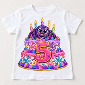 Front flat lay of white kids Spider Cake 5 spider birthday cake shirt with colorful layered cake, friendly spider, five candles and large pink number 5