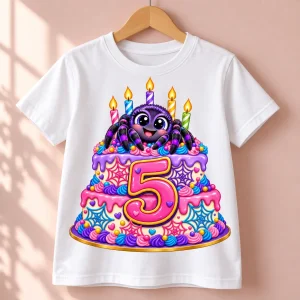 White kids Spider Cake 5 birthday tee hanging on a wooden hanger with colorful spider cake and large number 5 front print