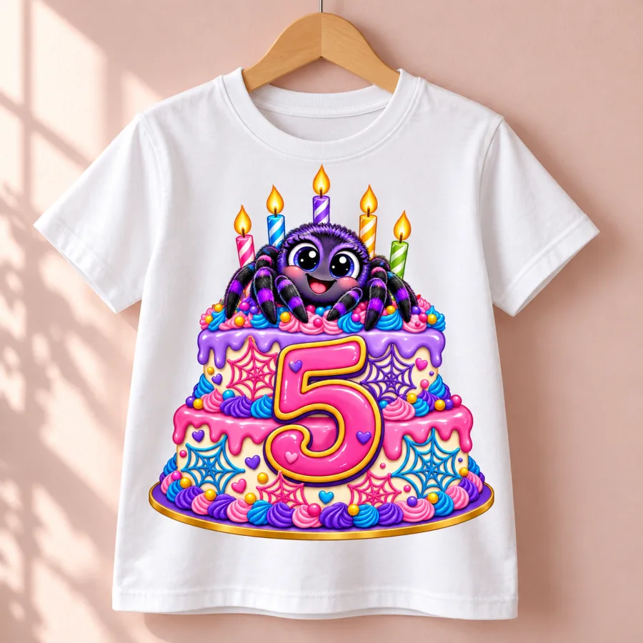 White kids Spider Cake 5 birthday tee hanging on a wooden hanger with colorful spider cake and large number 5 front print