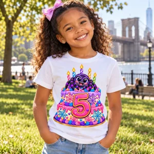 Lifestyle photo of a cheerful young girl wearing the white Spider Cake 5 spider birthday cake shirt in a Brooklyn park