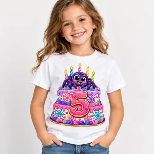Cheerful young girl wearing the white Spider Cake 5 spider birthday cake shirt with colorful spider, cake, candles and number 5 graphic