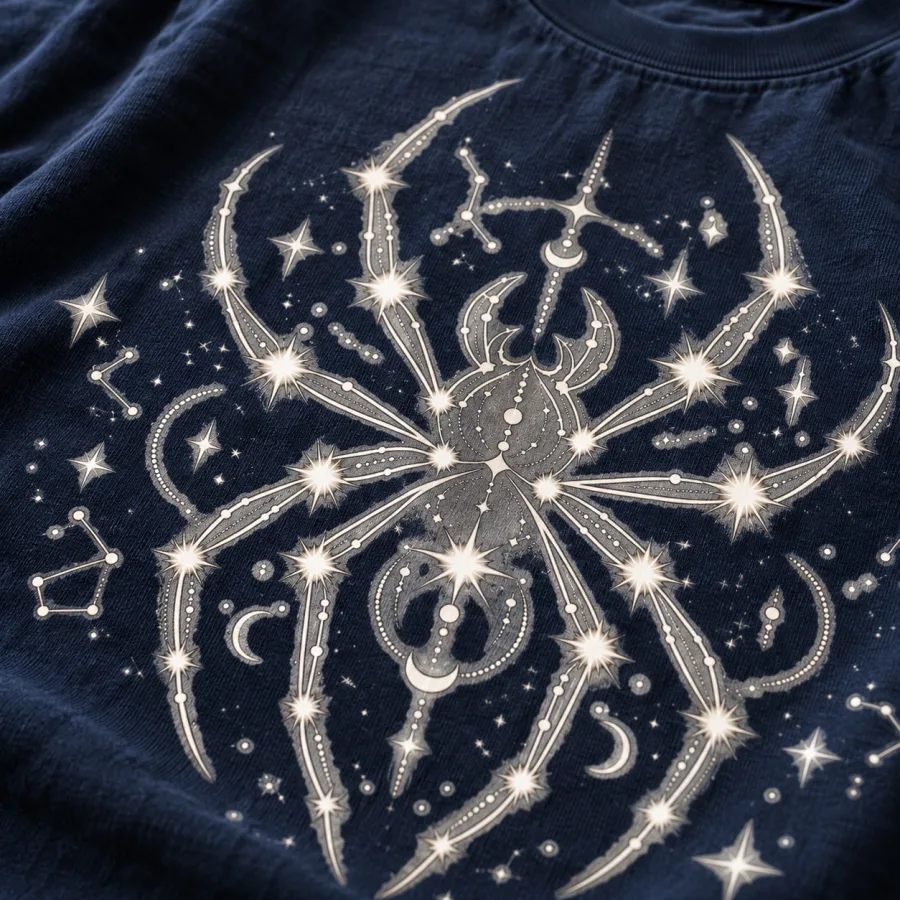 Close-up of white stars connected into a spider constellation