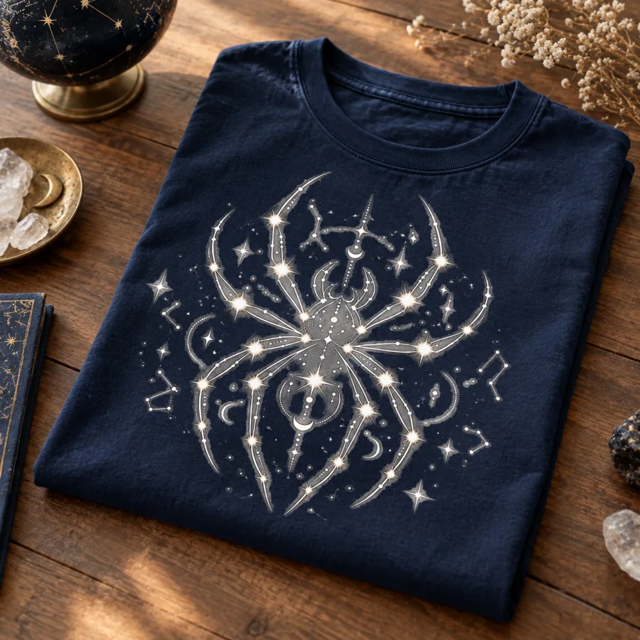 Folded midnight blue constellation spider shirt