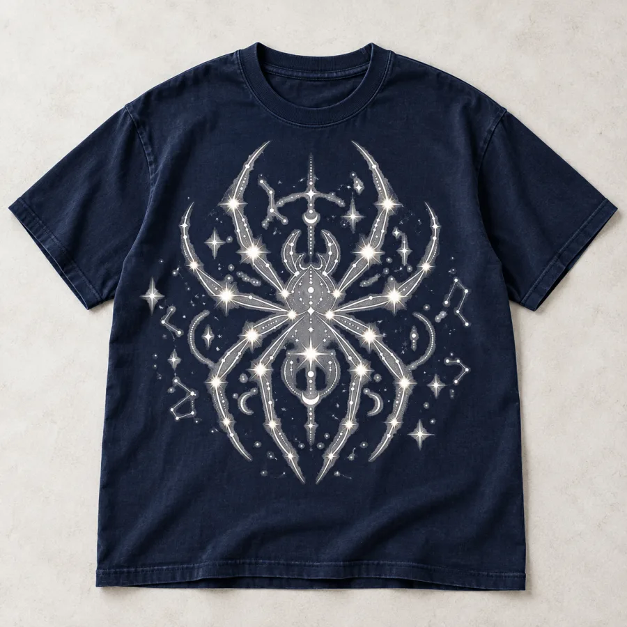 Front flat lay of midnight blue Spider Constellation shirt