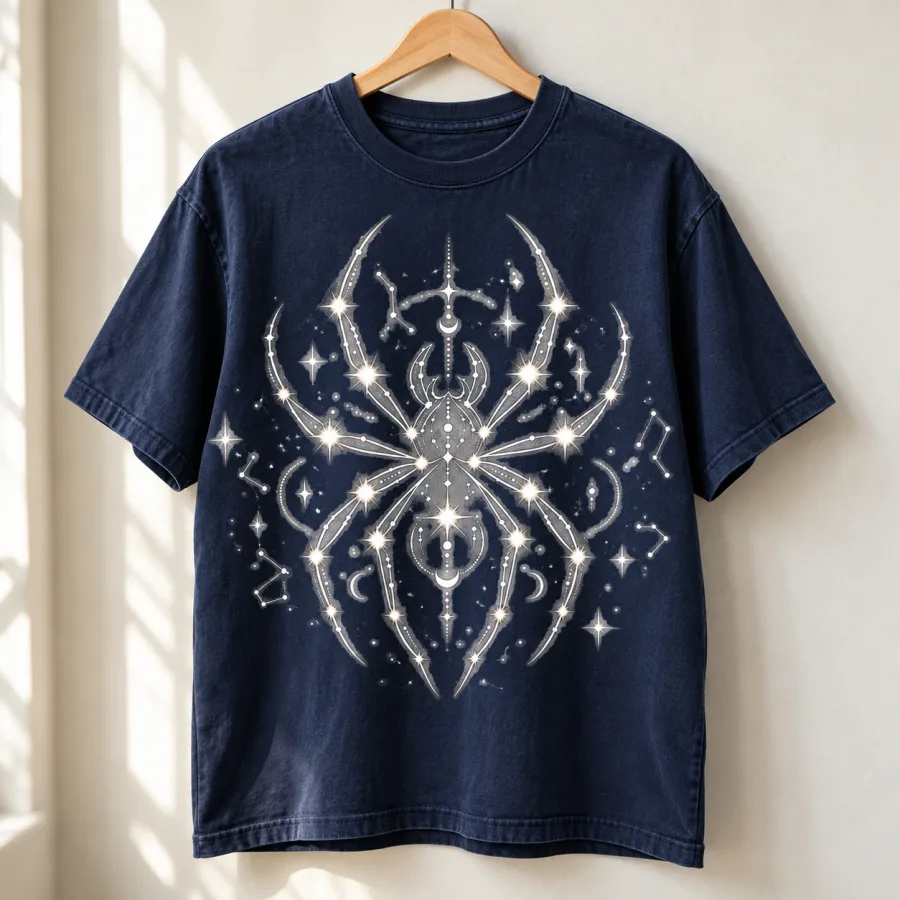 Midnight blue Spider Constellation tee on a hanger