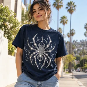 Person in Spider Constellation tee lying on a blanket stargazing in a field