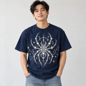 Model wearing midnight blue Spider Constellation tee