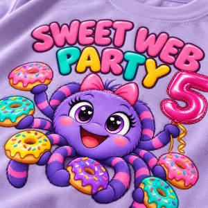 Close-up of sprinkled donuts, number 5 balloon and SWEET WEB PARTY text