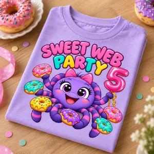 Folded lavender Spider Donut Party shirt showing the donut spider