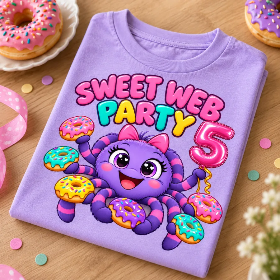 Folded lavender Spider Donut Party shirt showing the donut spider