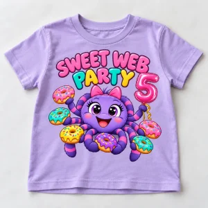 Front flat lay of lavender Spider Donut Party cute spider birthday tee