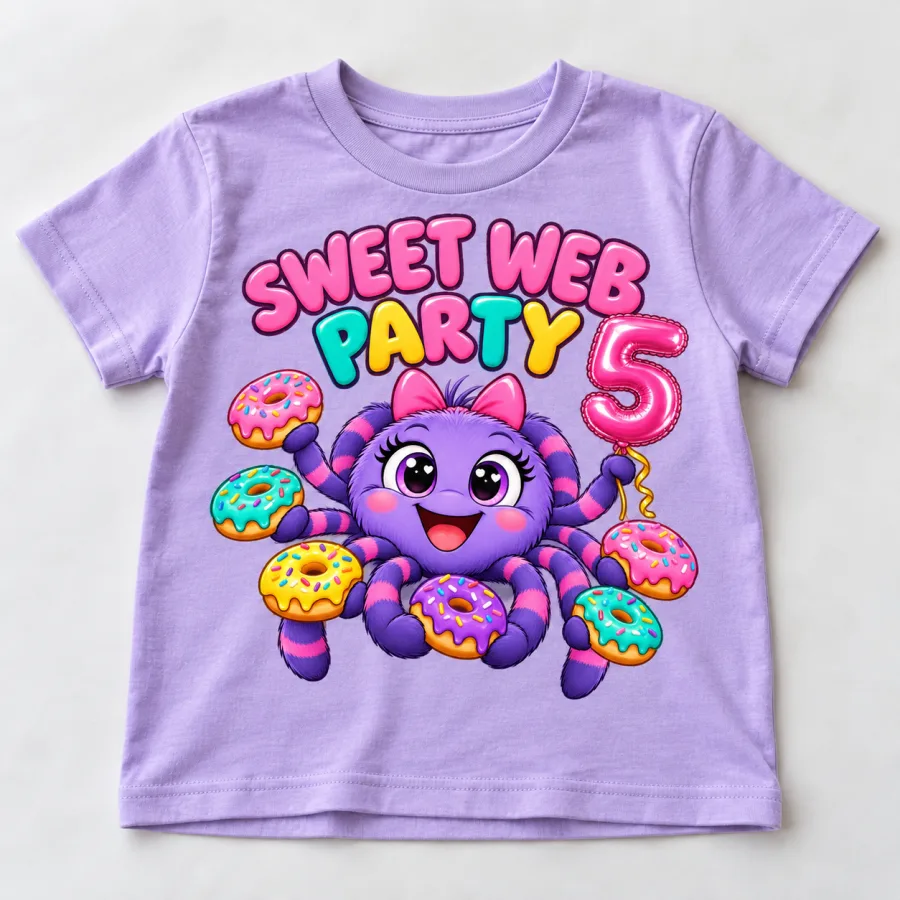 Front flat lay of lavender Spider Donut Party cute spider birthday tee