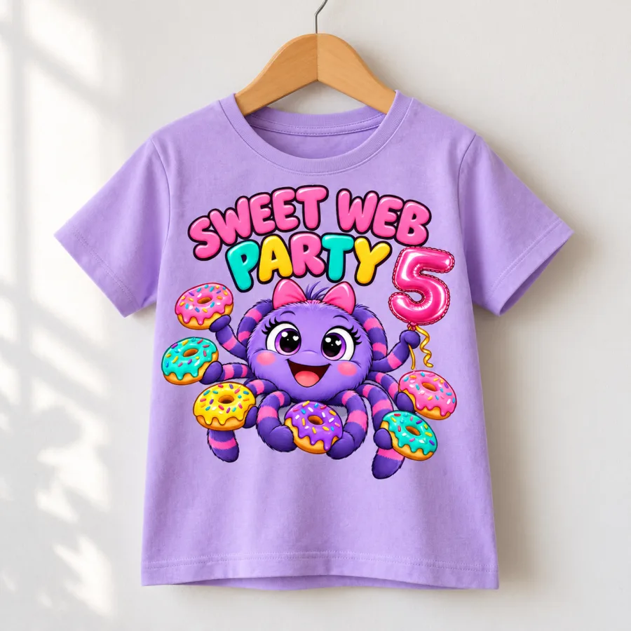 Lavender Spider Donut Party kids tee on a small hanger