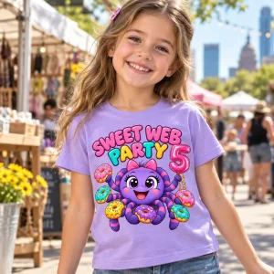 Kid in Spider Donut Party shirt reaching for a donut at a pastel party table