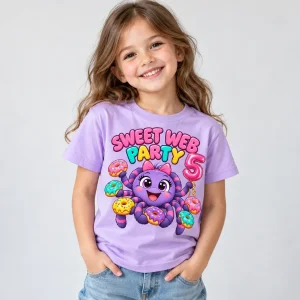 Child wearing lavender Spider Donut Party tee at a birthday party
