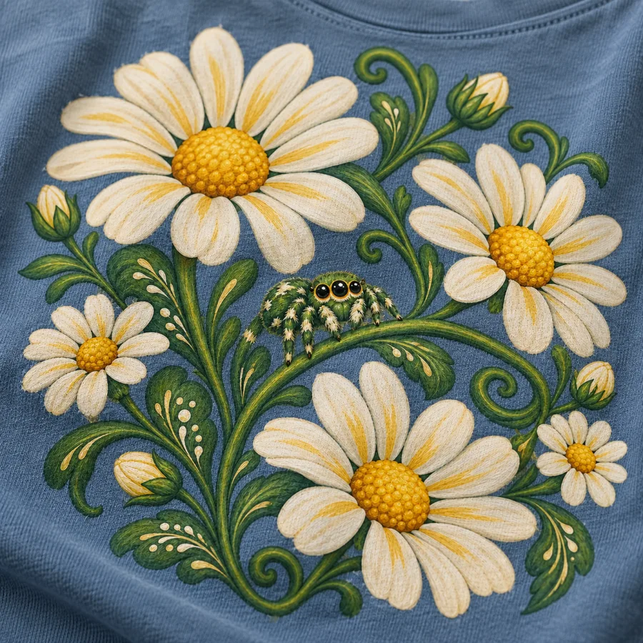 Close-up of Spider Garden botanical spider print showing cream daisies, green foliage, and cotton fabric texture