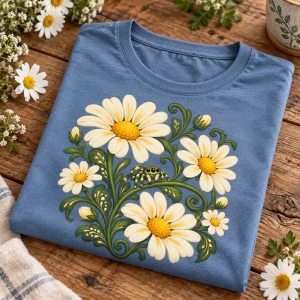 Folded dusty blue Spider Garden botanical spider tee on a wooden table with daisy-themed styling props