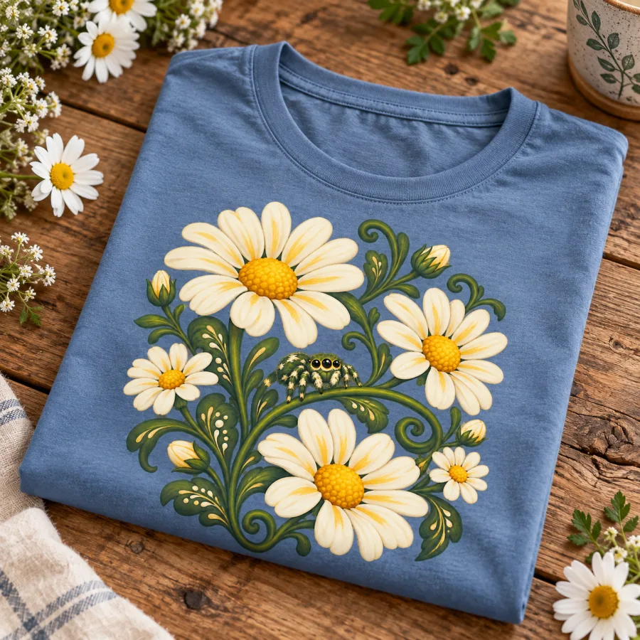 Folded dusty blue Spider Garden botanical spider tee on a wooden table with daisy-themed styling props