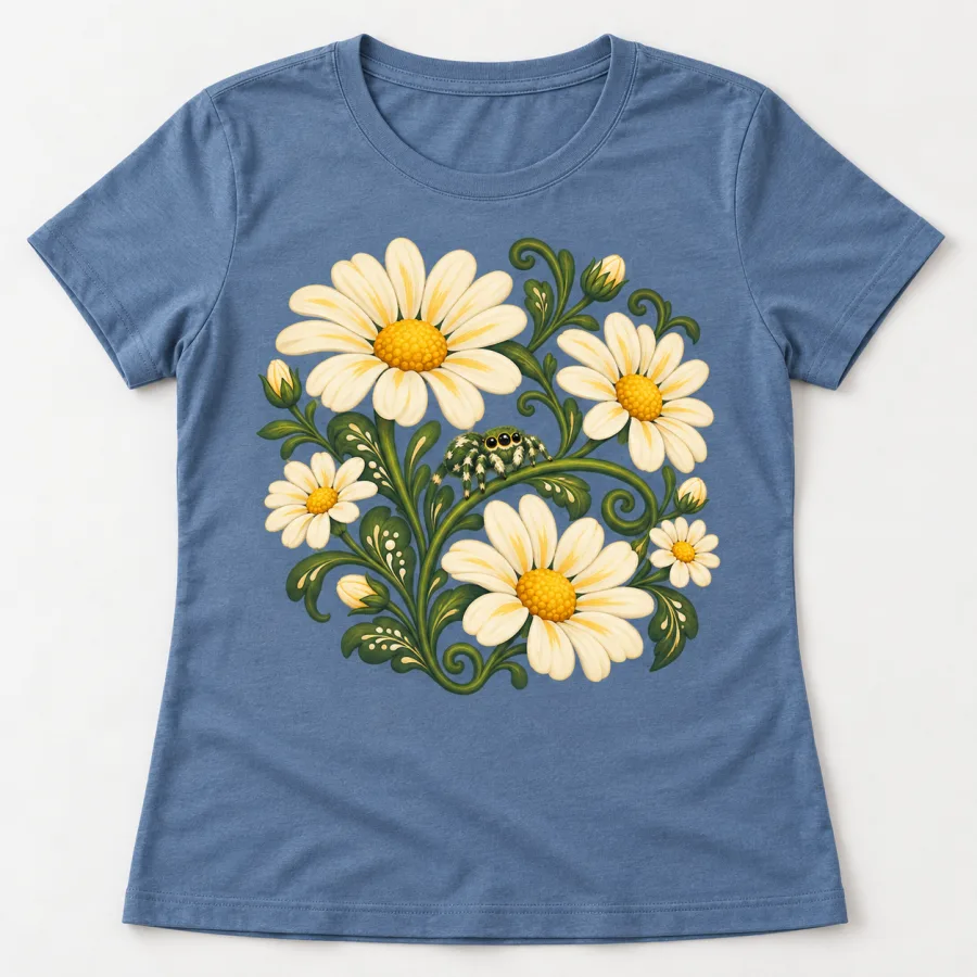 Front flat lay of dusty blue women's Spider Garden botanical spider tee with cream daisies and green curling stems