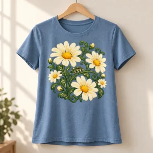 Dusty blue women's Spider Garden botanical spider tee hanging on a natural wooden hanger