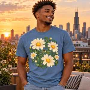 Lifestyle photo of model wearing dusty blue Spider Garden botanical spider tee with the floral spider print clearly visible