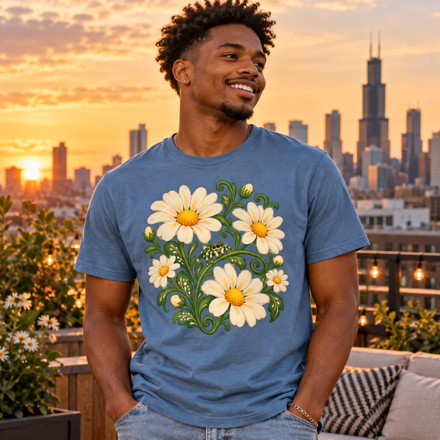 Lifestyle photo of model wearing dusty blue Spider Garden botanical spider tee with the floral spider print clearly visible