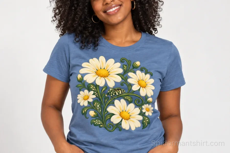 Black woman wearing dusty blue Spider Garden botanical spider tee with colorful daisy and spider artwork