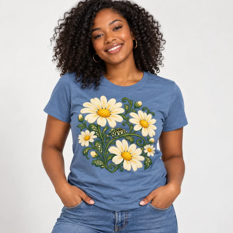 Black woman wearing dusty blue Spider Garden botanical spider tee with colorful daisy and spider artwork