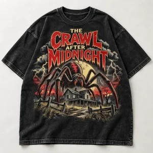 Front flat lay of washed black oversized Spider Horror Feature retro horror spider shirt with giant spider and farmhouse artwork